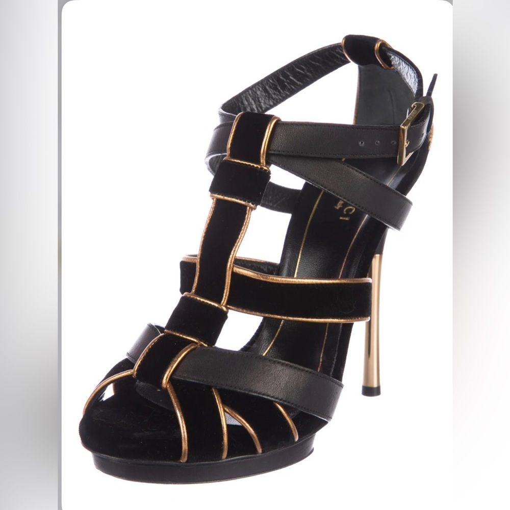 💯AUTH GUCCI VELVET LEATHER CAGED STRAPY BLACK METALLIC GOLD HEEL 37.5 7 7.5 EUC - Picture 4 of 5